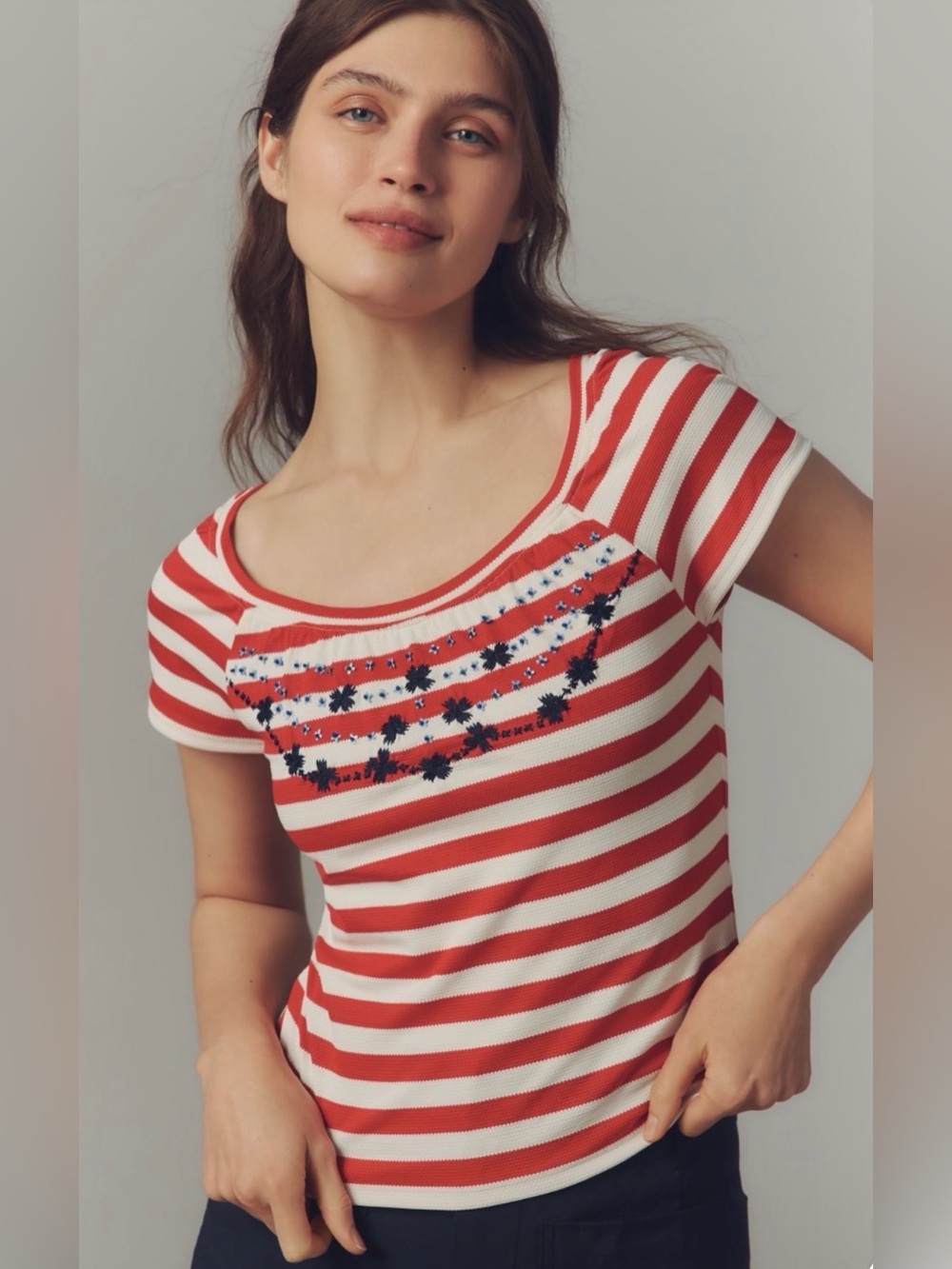 Anthropologie Red White Striped Maeve Embroidered Bead Flowers Scoop-Neck Tee XS